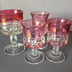 Vintage King crown pink glass faceted drink glasses cordials 4 set